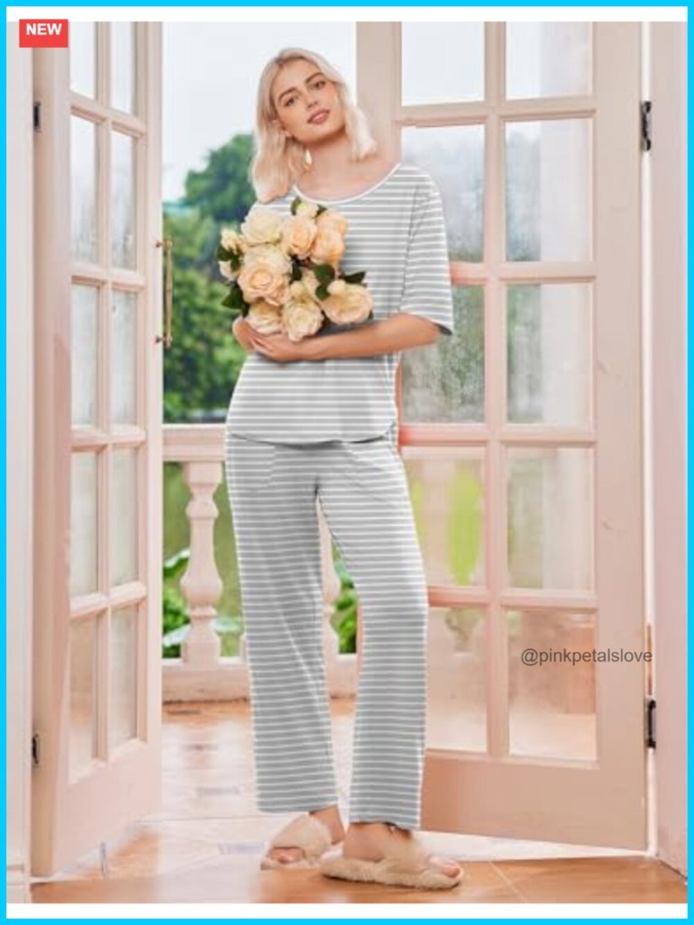 2 Piece Pajama Set Short Sleeve Top Long Pants Lounge Set with Pockets - Picture 2 of 6
